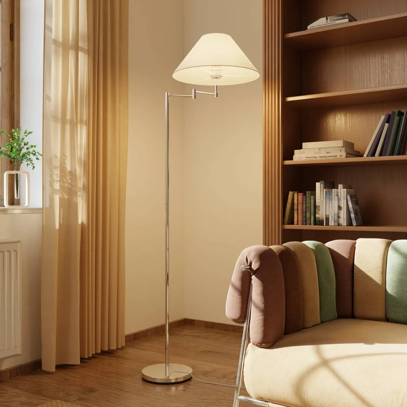 Elegante chromen vloerlamp met verstelbare arm en leesfunctie | Sansoti
