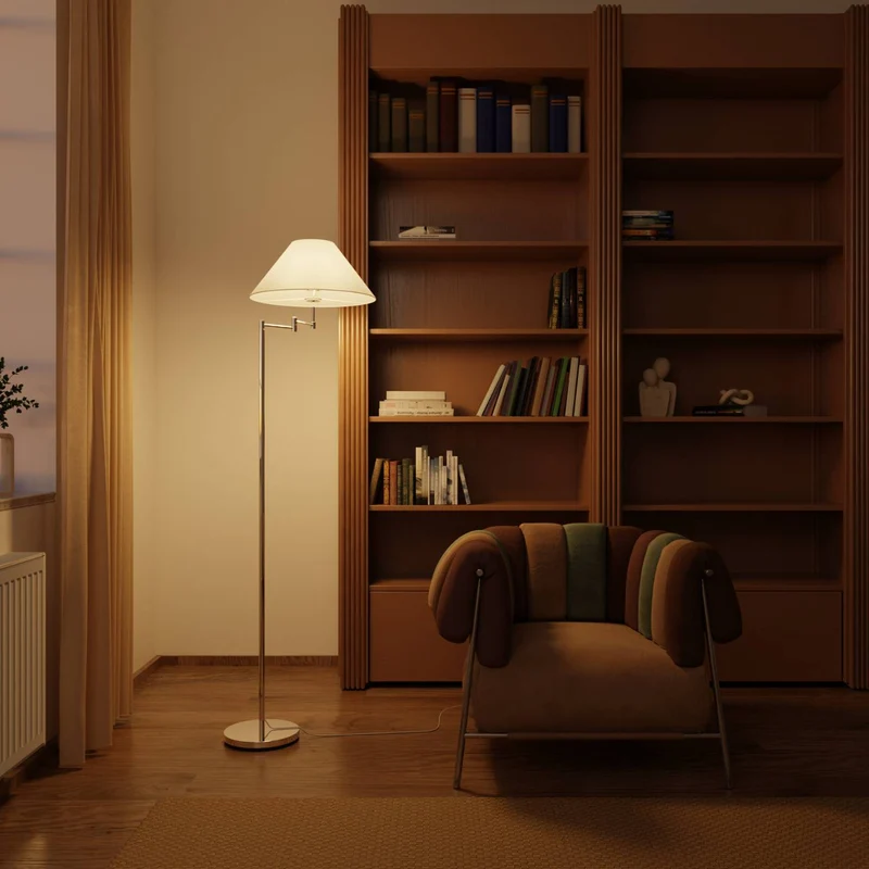 Elegante chromen vloerlamp met verstelbare arm en leesfunctie | Sansoti