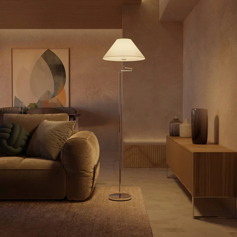 Elegante chromen vloerlamp met verstelbare arm en leesfunctie | Sansoti