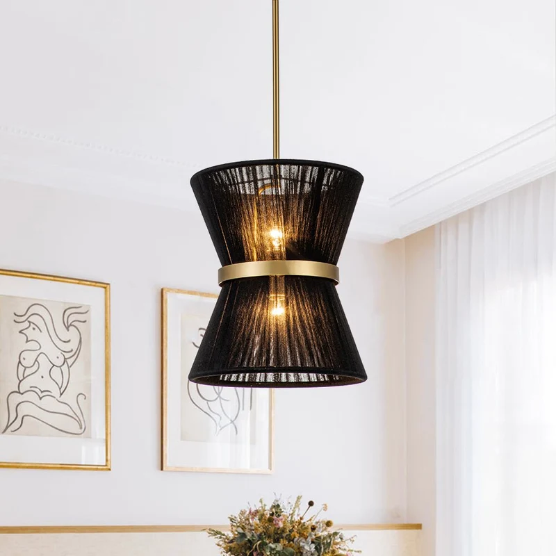Hanglamp Touw Gevlochten Messing Beige Zwart Bohemian Drum Eetkamer Woonkamer Slaapkamer Entree Farmhouse Coastal Verstelbaar E26 E12 | Sansoti