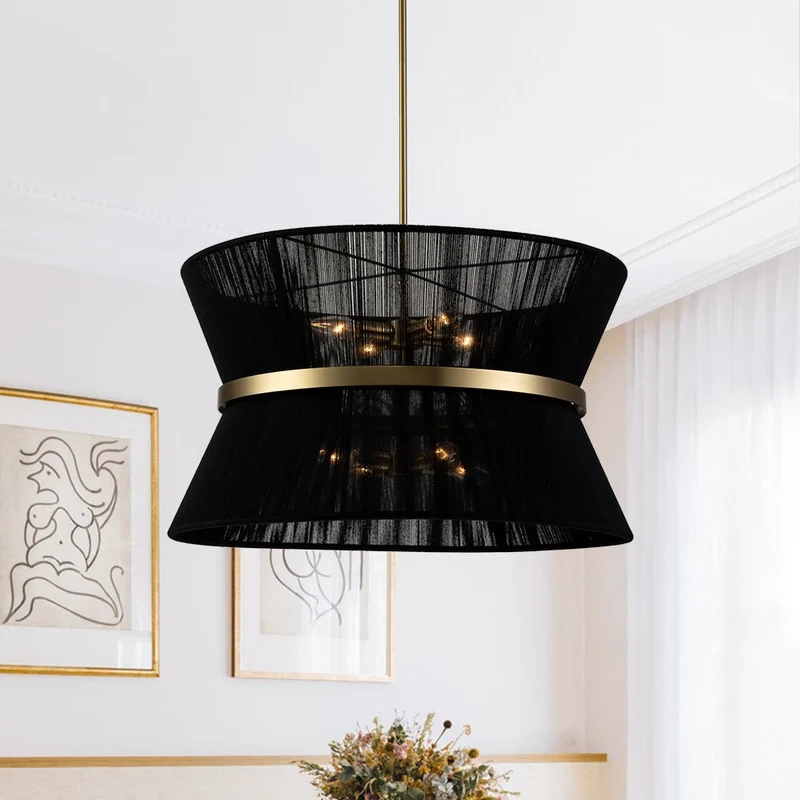 Hanglamp Touw Gevlochten Messing Beige Zwart Bohemian Drum Eetkamer Woonkamer Slaapkamer Entree Farmhouse Coastal Verstelbaar E26 E12 | Sansoti