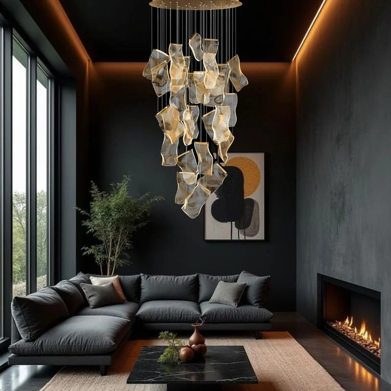Moderne Design Kroonluchter Met Gelaagde Acryl Bladen En Verstelbare Hoogte | Sansoti
