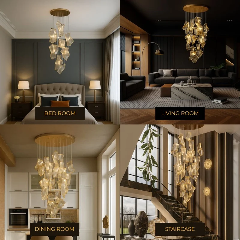 Moderne Design Kroonluchter Met Gelaagde Acryl Bladen En Verstelbare Hoogte | Sansoti