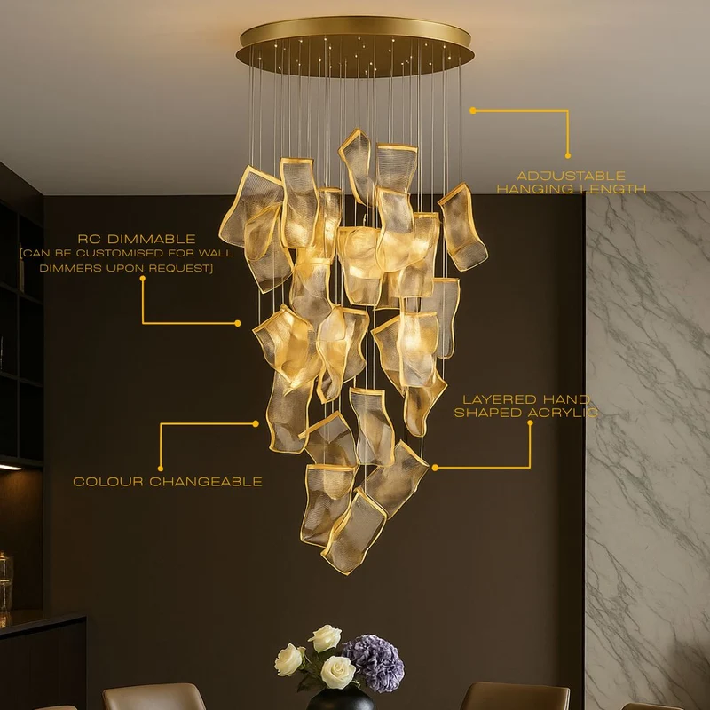 Moderne Design Kroonluchter Met Gelaagde Acryl Bladen En Verstelbare Hoogte | Sansoti