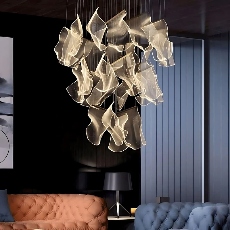 Moderne Design Kroonluchter Met Gelaagde Acryl Bladen En Verstelbare Hoogte | Sansoti