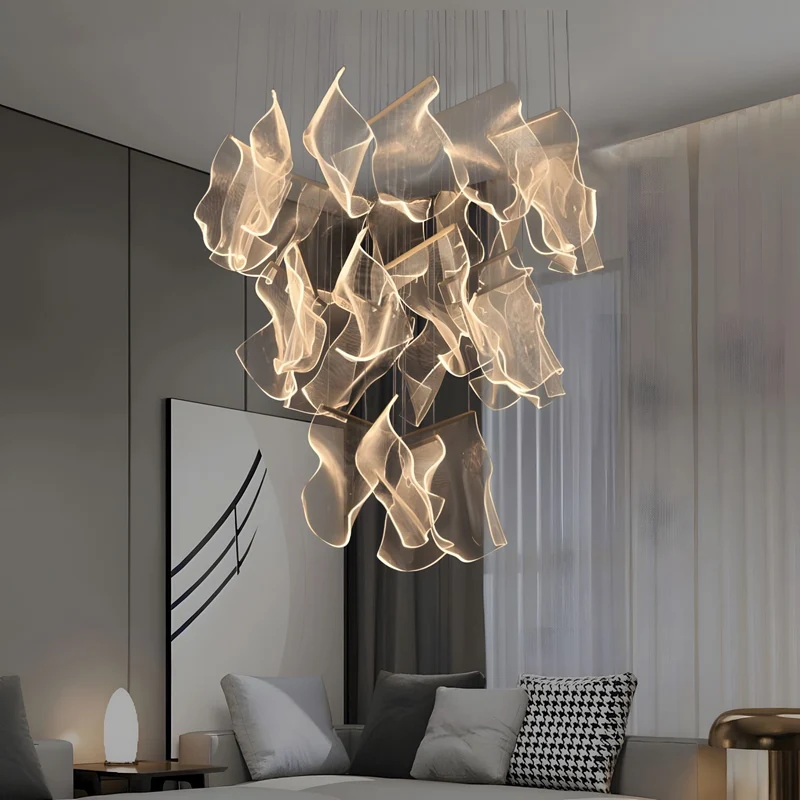 Moderne Design Kroonluchter Met Gelaagde Acryl Bladen En Verstelbare Hoogte | Sansoti