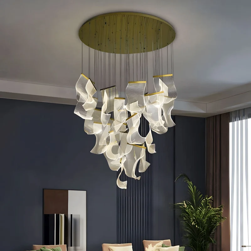 Moderne Design Kroonluchter Met Gelaagde Acryl Bladen En Verstelbare Hoogte | Sansoti