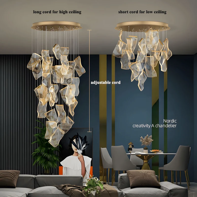 Moderne Design Kroonluchter Met Gelaagde Acryl Bladen En Verstelbare Hoogte | Sansoti