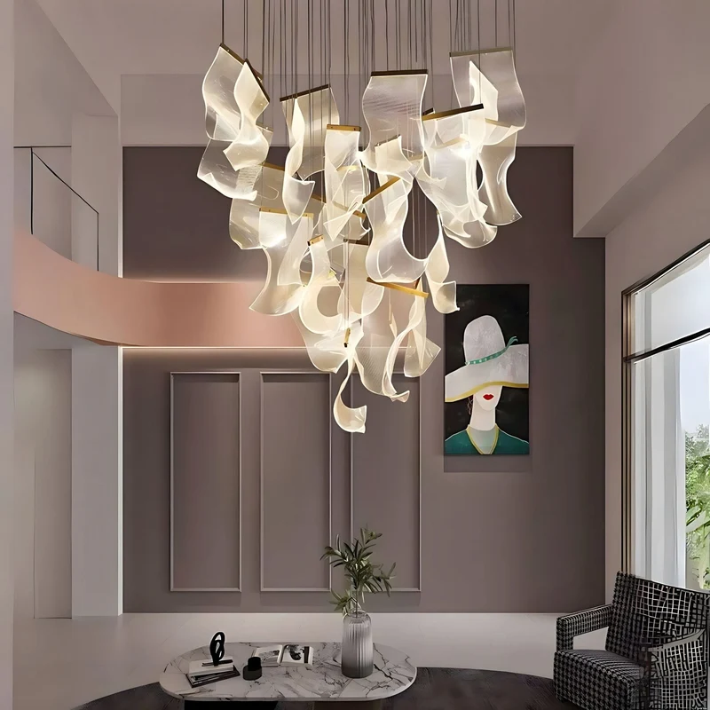 Moderne Design Kroonluchter Met Gelaagde Acryl Bladen En Verstelbare Hoogte | Sansoti