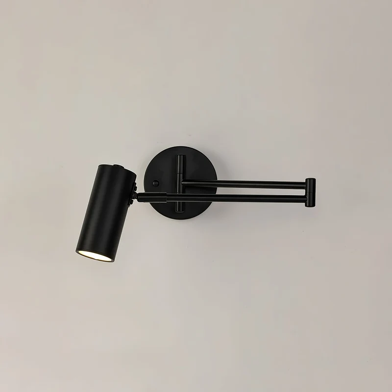 Verstelbare LED Wandlamp van Messing of Zwart Metaal met Draaibare Arm en Cilindrische Spot voor Slaapkamer en Badkamer | Sansoti