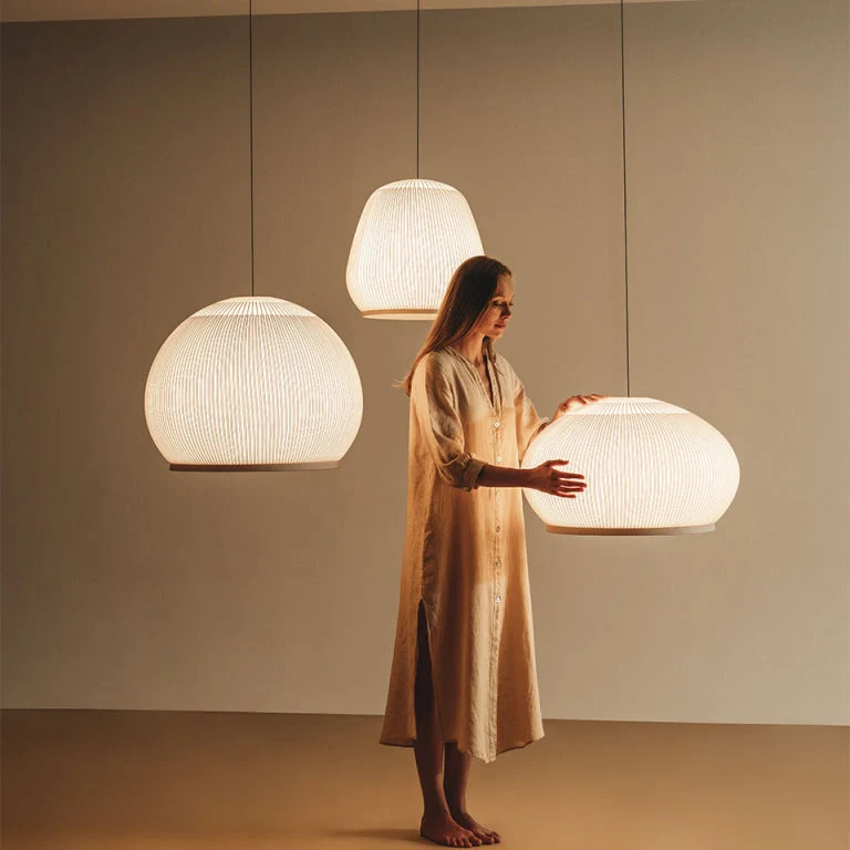 Japandi Hanglamp 3D Lycra 45 cm Beige Eettafel Woonkamer Dimbare LED Hanglamp Scandinavische Verlichting Interieur | Sansoti