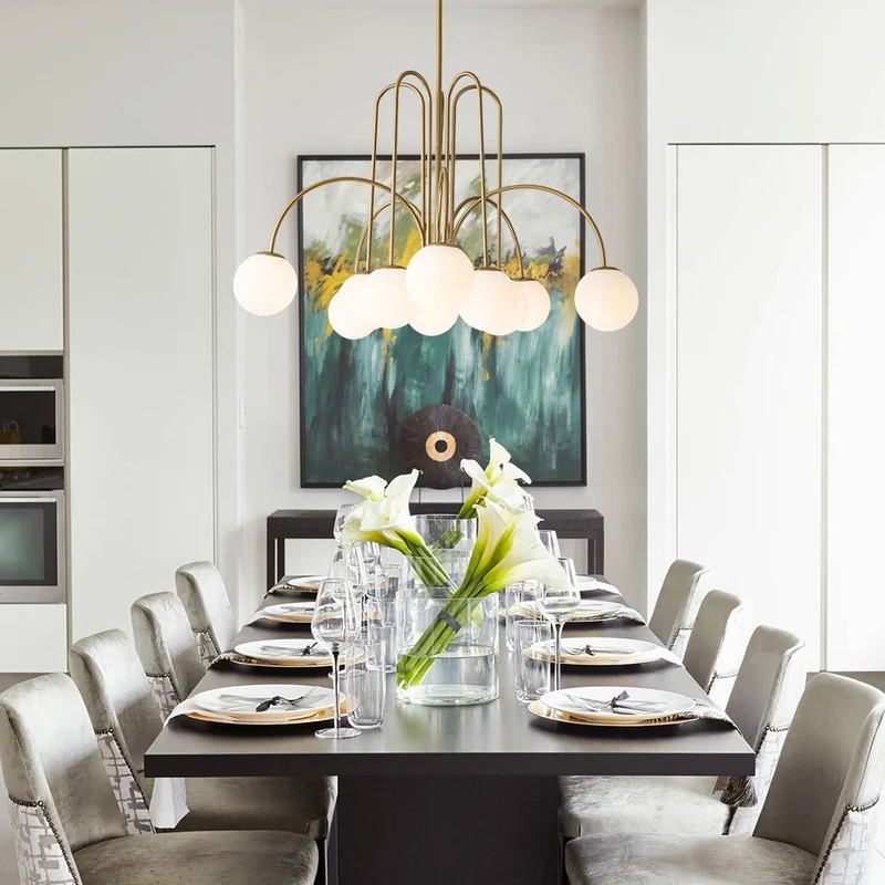 Glazen Bollen Hanglamp 10 Lichts Zwart Messing 98cm Opaal Frosted E26 Woonkamer Eetkamer Slaapkamer Entree Sputnik Chandelier Dimbaar | Sansoti