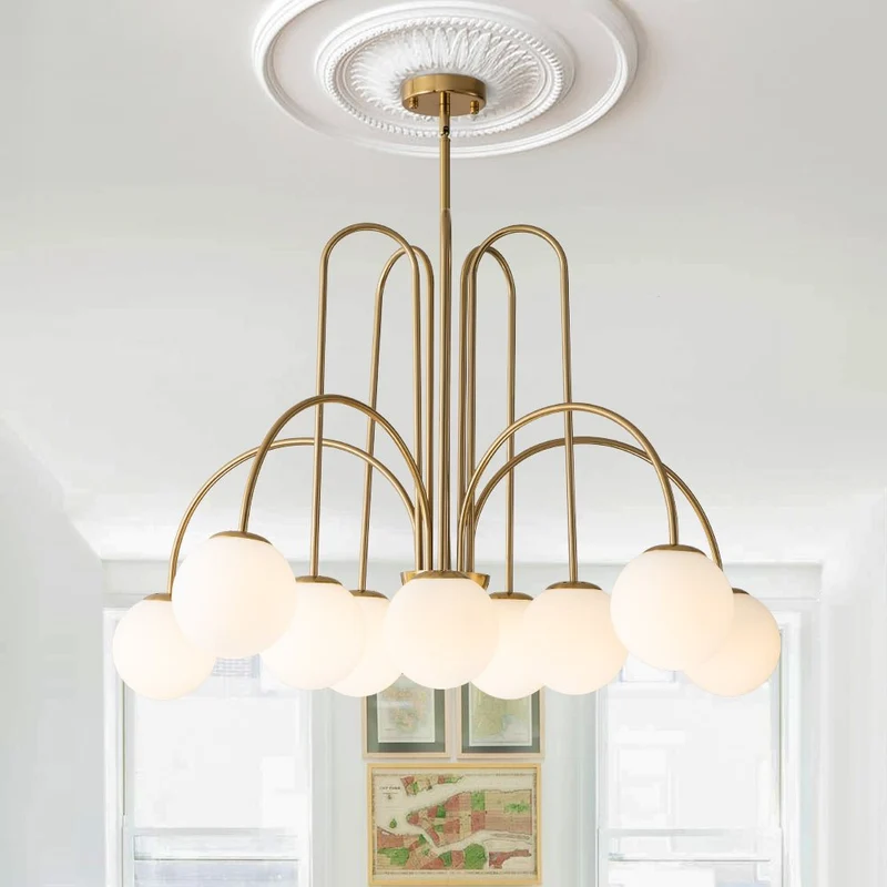 Glazen Bollen Hanglamp 10 Lichts Zwart Messing 98cm Opaal Frosted E26 Woonkamer Eetkamer Slaapkamer Entree Sputnik Chandelier Dimbaar | Sansoti
