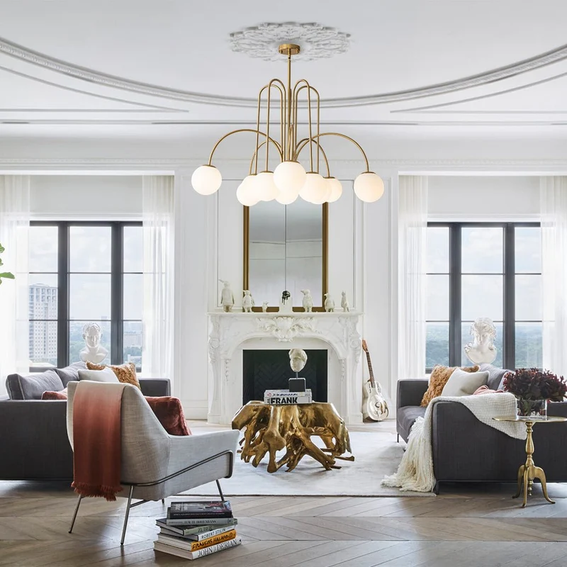 Glazen Bollen Hanglamp 10 Lichts Zwart Messing 98cm Opaal Frosted E26 Woonkamer Eetkamer Slaapkamer Entree Sputnik Chandelier Dimbaar | Sansoti