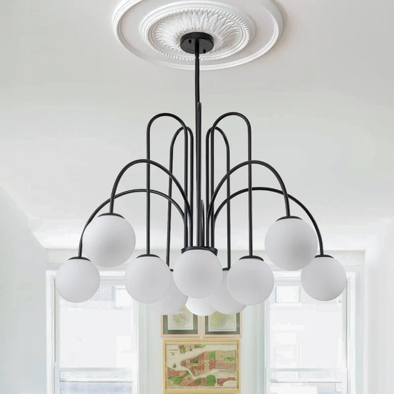 Glazen Bollen Hanglamp 10 Lichts Zwart Messing 98cm Opaal Frosted E26 Woonkamer Eetkamer Slaapkamer Entree Sputnik Chandelier Dimbaar | Sansoti
