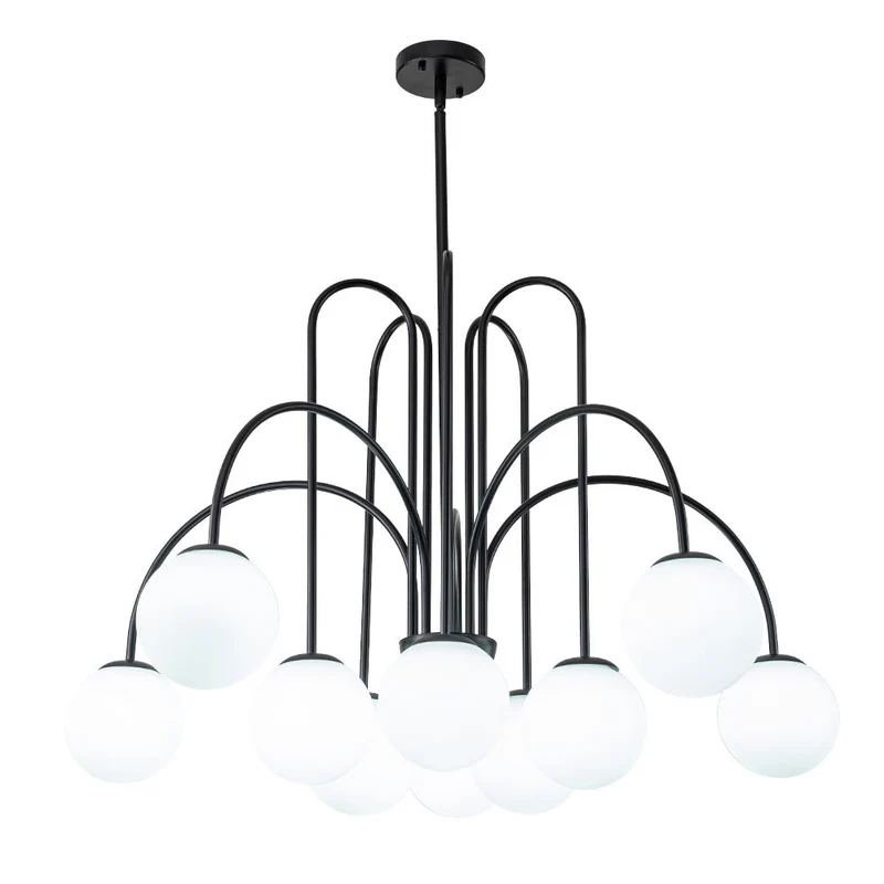 Glazen Bollen Hanglamp 10 Lichts Zwart Messing 98cm Opaal Frosted E26 Woonkamer Eetkamer Slaapkamer Entree Sputnik Chandelier Dimbaar | Sansoti