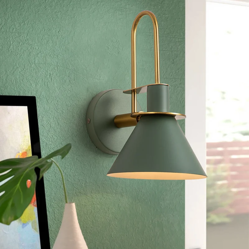 Wandlamp Kegel Zwart Wit Groen Messing 31cm E26 Mid-Century Slaapkamer Entree Gang Eetkamer Vintage Wandspot Traphal Retro | Sansoti