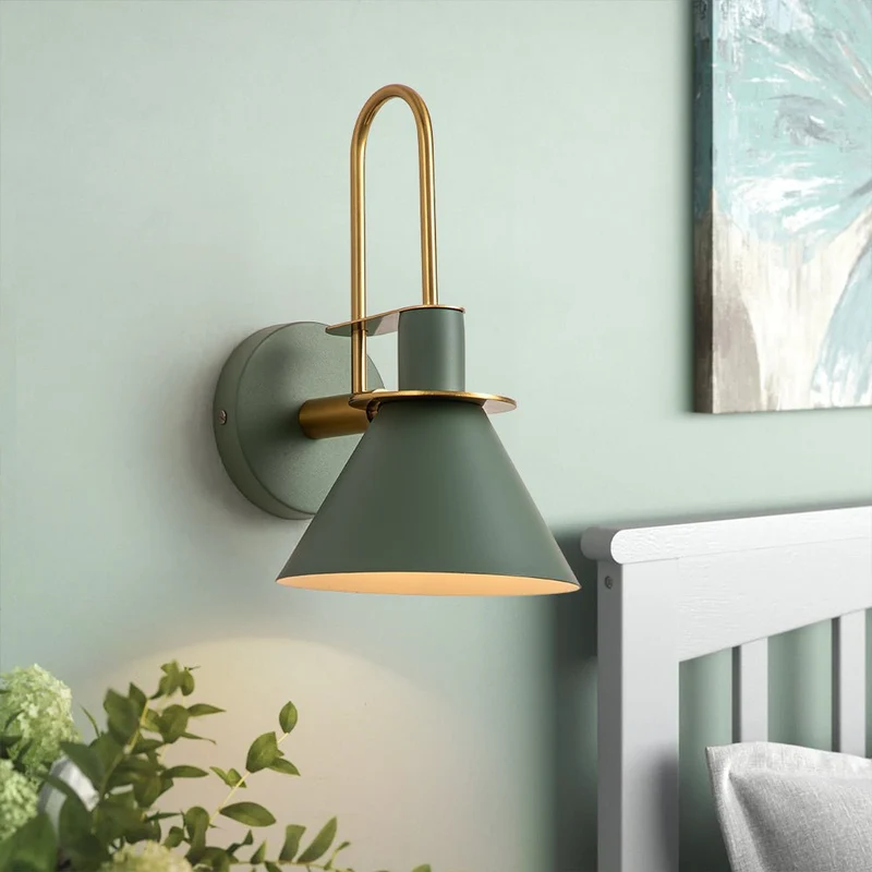 Wandlamp Kegel Zwart Wit Groen Messing 31cm E26 Mid-Century Slaapkamer Entree Gang Eetkamer Vintage Wandspot Traphal Retro | Sansoti