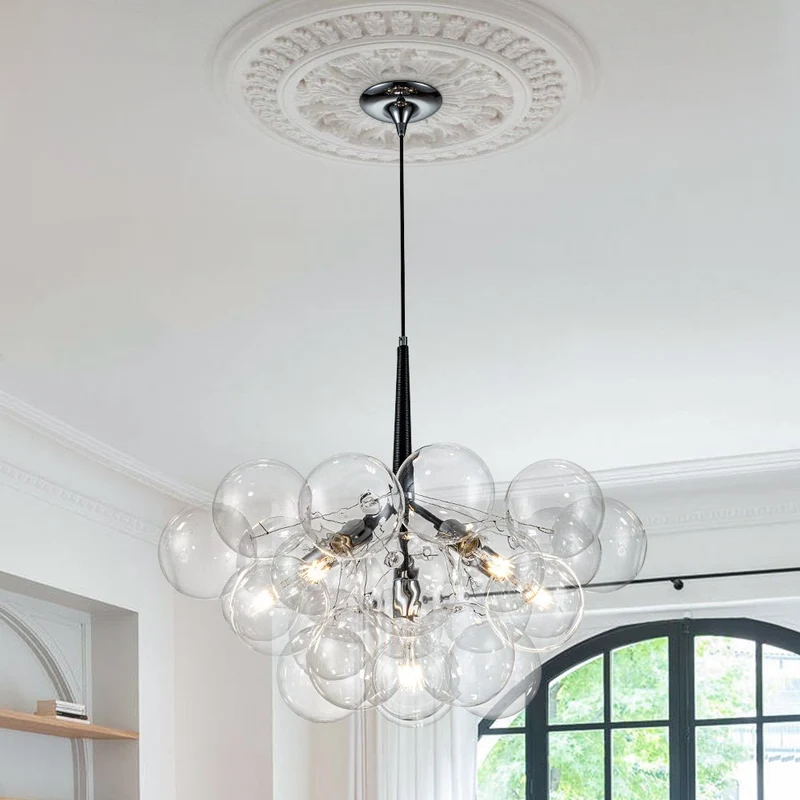 Glazen Bollen Hanglamp Cluster Chroom Wit Zwart 63cm 6 Lichts LED G125 Woonkamer Eetkamer Slaapkamer Entree Bubble Chandelier Verstelbaar | Sansoti