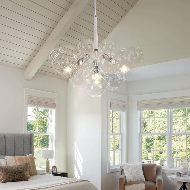 Glazen Bollen Hanglamp Cluster Chroom Wit Zwart 63cm 6 Lichts LED G125 Woonkamer Eetkamer Slaapkamer Entree Bubble Chandelier Verstelbaar | Sansoti