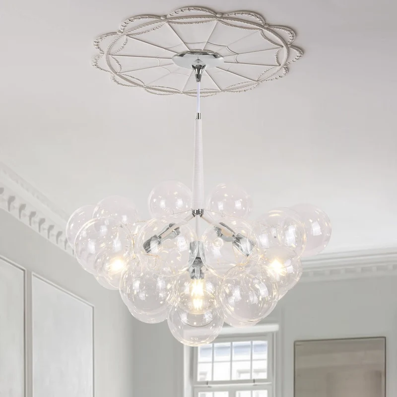 Glazen Bollen Hanglamp Cluster Chroom Wit Zwart 63cm 6 Lichts LED G125 Woonkamer Eetkamer Slaapkamer Entree Bubble Chandelier Verstelbaar | Sansoti