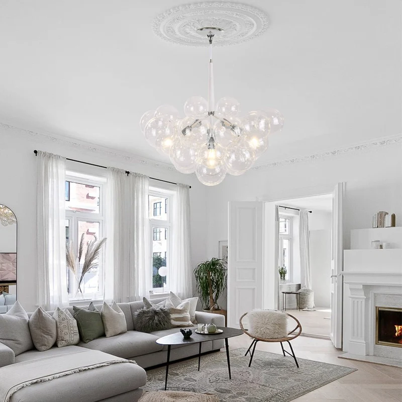 Glazen Bollen Hanglamp Cluster Chroom Wit Zwart 63cm 6 Lichts LED G125 Woonkamer Eetkamer Slaapkamer Entree Bubble Chandelier Verstelbaar | Sansoti