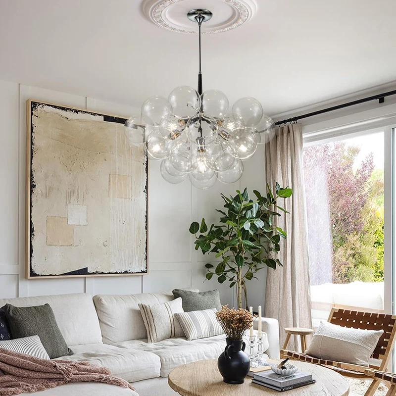 Glazen Bollen Hanglamp Cluster Chroom Wit Zwart 63cm 6 Lichts LED G125 Woonkamer Eetkamer Slaapkamer Entree Bubble Chandelier Verstelbaar | Sansoti