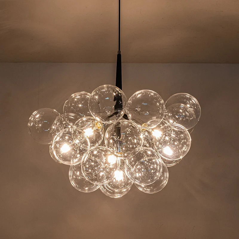 Glazen Bollen Hanglamp Cluster Chroom Wit Zwart 63cm 6 Lichts LED G125 Woonkamer Eetkamer Slaapkamer Entree Bubble Chandelier Verstelbaar | Sansoti