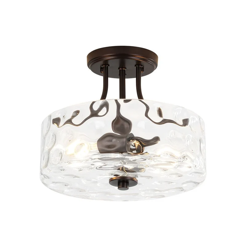 Glazen Plafondlamp Drum Messing 30cm 2 Lichts Gehamerd Glas Woonkamer Eetkamer Semi Flush Mount Badkamer Entree Hal Slaapkamer | Sansoti