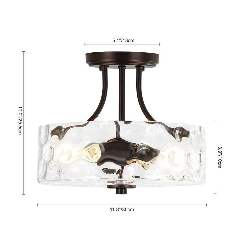 Glazen Plafondlamp Drum Messing 30cm 2 Lichts Gehamerd Glas Woonkamer Eetkamer Semi Flush Mount Badkamer Entree Hal Slaapkamer | Sansoti