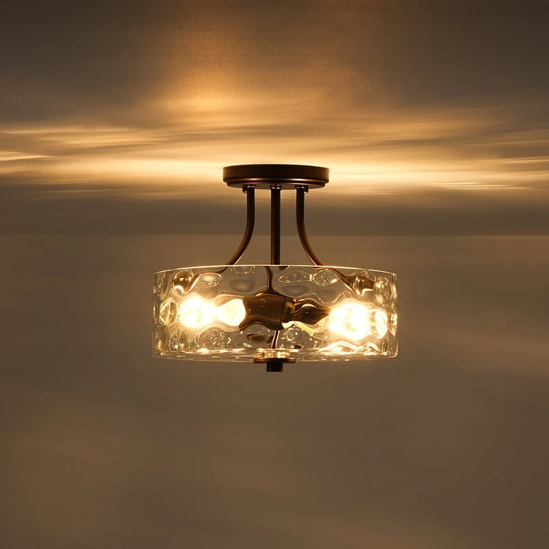 Glazen Plafondlamp Drum Messing 30cm 2 Lichts Gehamerd Glas Woonkamer Eetkamer Semi Flush Mount Badkamer Entree Hal Slaapkamer | Sansoti