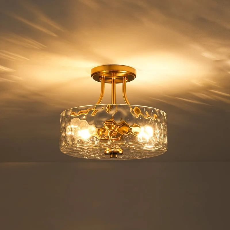 Glazen Plafondlamp Drum Messing 30cm 2 Lichts Gehamerd Glas Woonkamer Eetkamer Semi Flush Mount Badkamer Entree Hal Slaapkamer | Sansoti