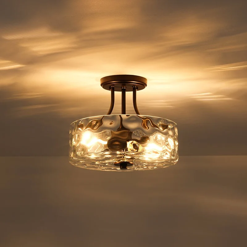 Glazen Plafondlamp Drum Messing 30cm 2 Lichts Gehamerd Glas Woonkamer Eetkamer Semi Flush Mount Badkamer Entree Hal Slaapkamer | Sansoti