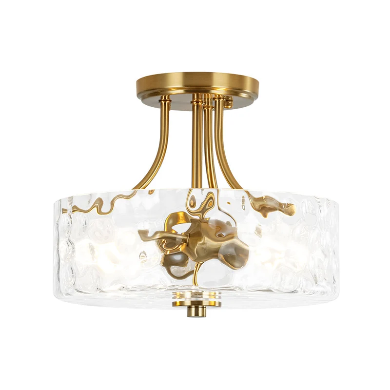 Glazen Plafondlamp Drum Messing 30cm 2 Lichts Gehamerd Glas Woonkamer Eetkamer Semi Flush Mount Badkamer Entree Hal Slaapkamer | Sansoti