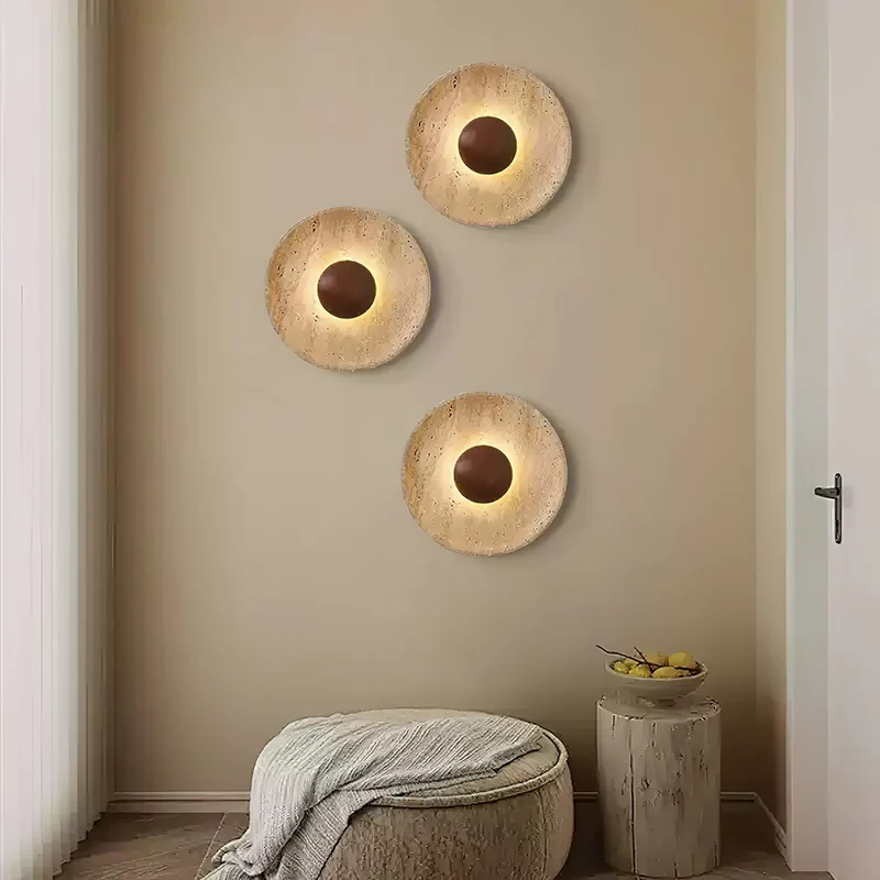 Wandlamp Travertin Hout Rond Warm Licht Woonkamer Slaapkamer Hal Natuursteen Design Wandverlichting Binnen | Sansoti