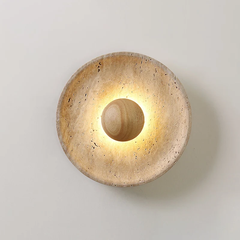 Wandlamp Travertin Hout Rond Warm Licht Woonkamer Slaapkamer Hal Natuursteen Design Wandverlichting Binnen | Sansoti