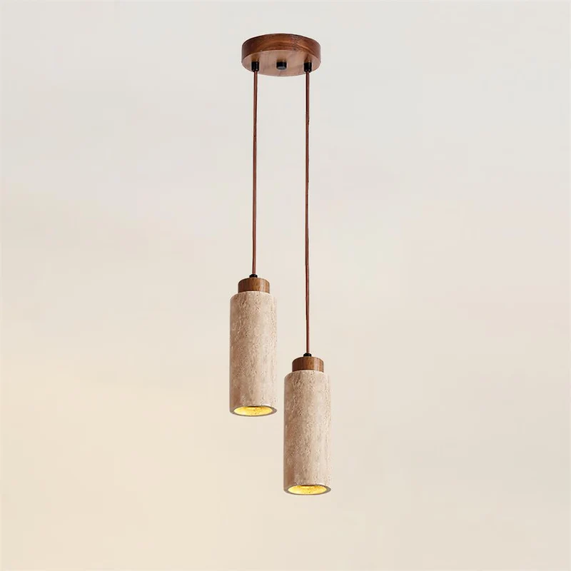 Hanglamp Travertijn Cilinder Hout LED Beige Eettafel Woonkamer Natuurlijke Steen Minimalistisch Design Verlichting Japandi Interieur | Sansoti