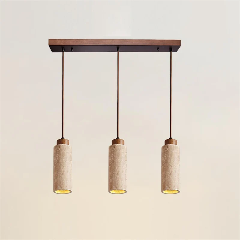 Hanglamp Travertijn Cilinder Hout LED Beige Eettafel Woonkamer Natuurlijke Steen Minimalistisch Design Verlichting Japandi Interieur | Sansoti