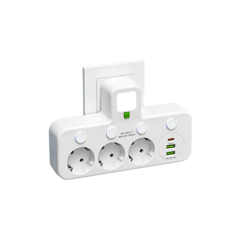 Meervoudige stekkerdoos met USB en USB-C, schakelaar en overspanningsbeveiliging | Sansoti