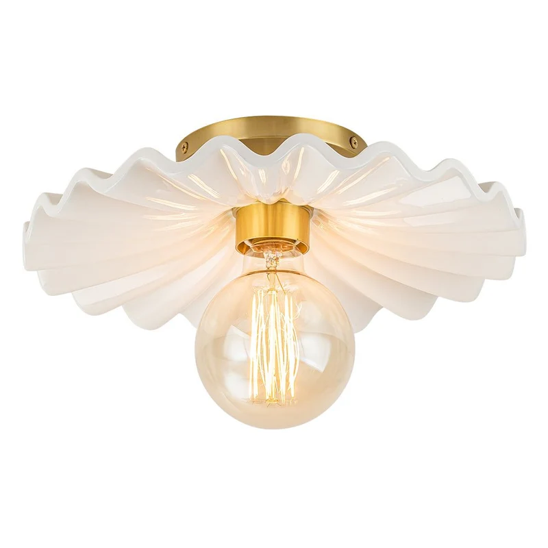 Keramieke Plafondlamp Messing Creme 30cm Semi Flush Mount Eetkamer Slaapkamer Retro Mid-Century Geplooid Badkamer Entree Woonkamer | Sansoti