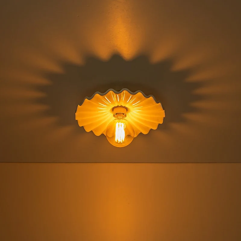Keramieke Plafondlamp Messing Creme 30cm Semi Flush Mount Eetkamer Slaapkamer Retro Mid-Century Geplooid Badkamer Entree Woonkamer | Sansoti