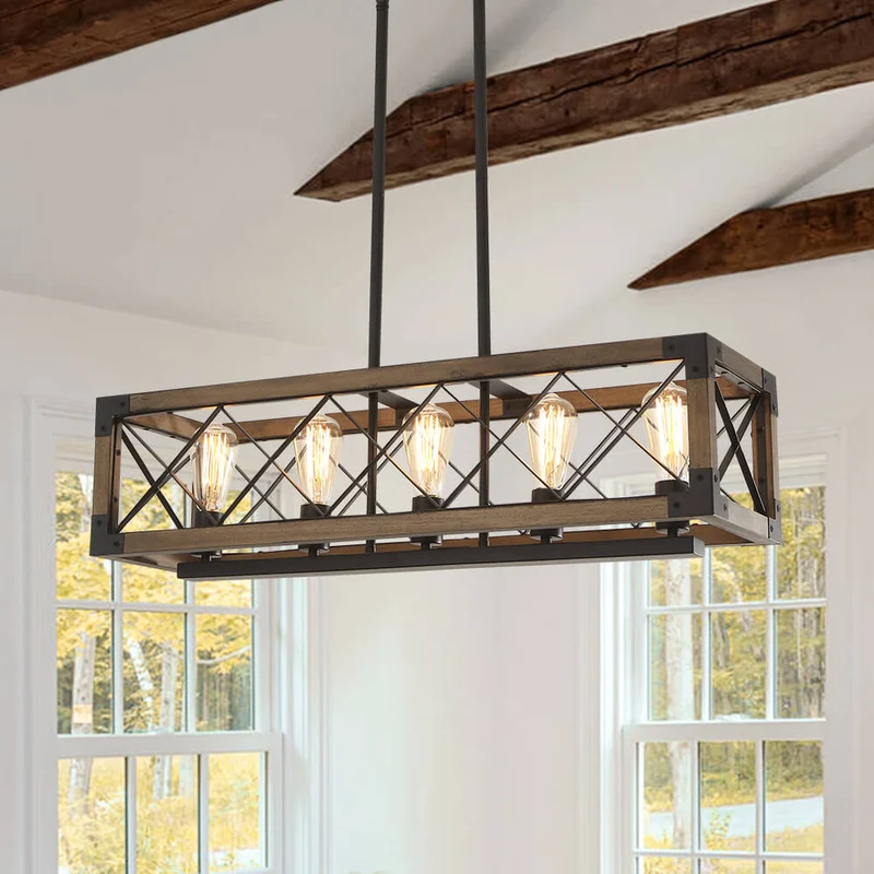 Hanglamp Rechthoek Hout Zwart 80cm 5 Lichts Eetkamer Keukeneiland Industrieel Farmhouse Chandelier Verstelbaar Pendellamp Woonkamer | Sansoti