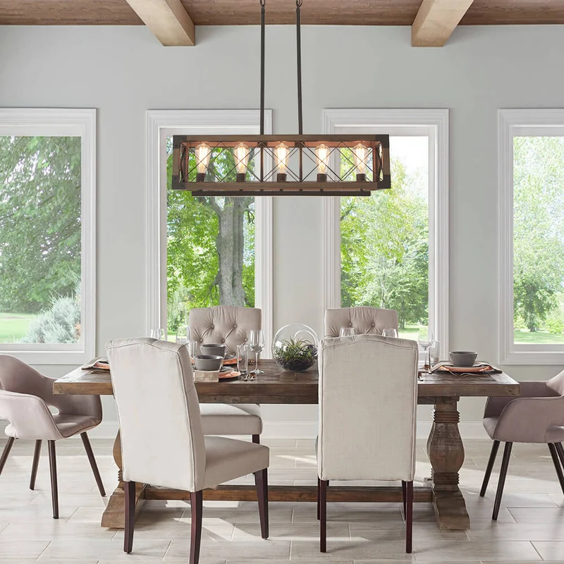 Hanglamp Rechthoek Hout Zwart 80cm 5 Lichts Eetkamer Keukeneiland Industrieel Farmhouse Chandelier Verstelbaar Pendellamp Woonkamer | Sansoti
