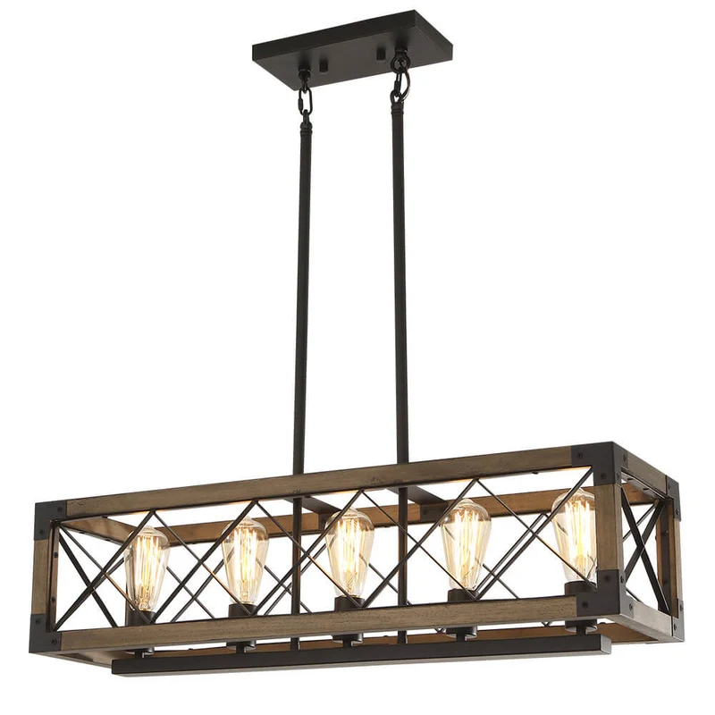 Hanglamp Rechthoek Hout Zwart 80cm 5 Lichts Eetkamer Keukeneiland Industrieel Farmhouse Chandelier Verstelbaar Pendellamp Woonkamer | Sansoti