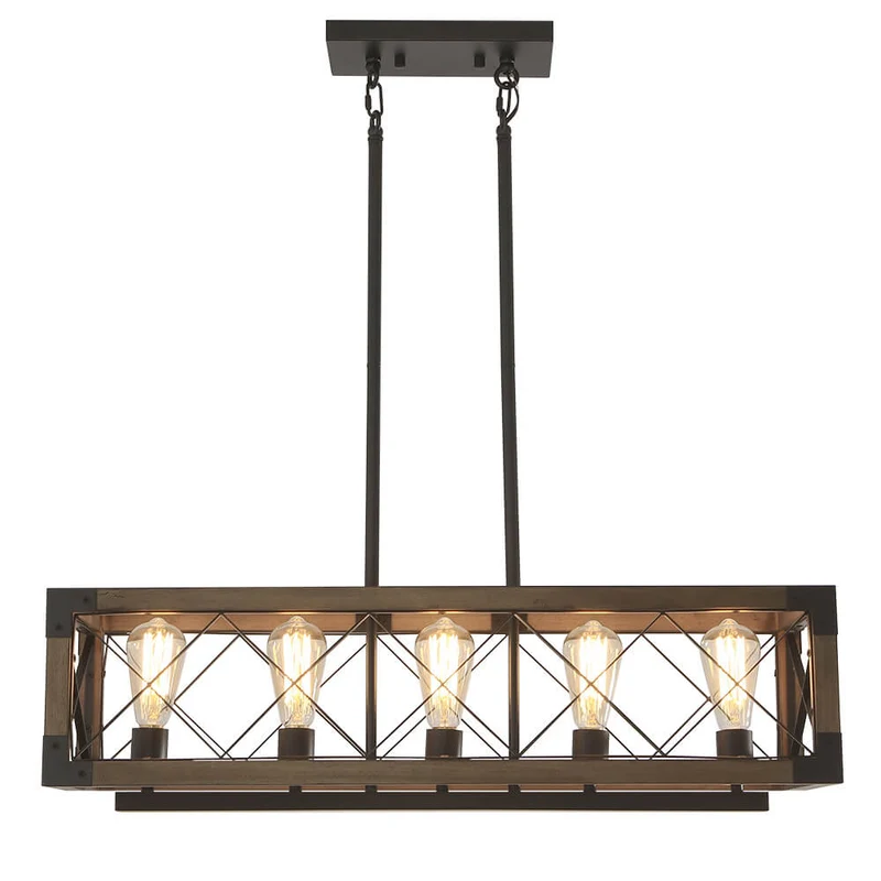 Hanglamp Rechthoek Hout Zwart 80cm 5 Lichts Eetkamer Keukeneiland Industrieel Farmhouse Chandelier Verstelbaar Pendellamp Woonkamer | Sansoti