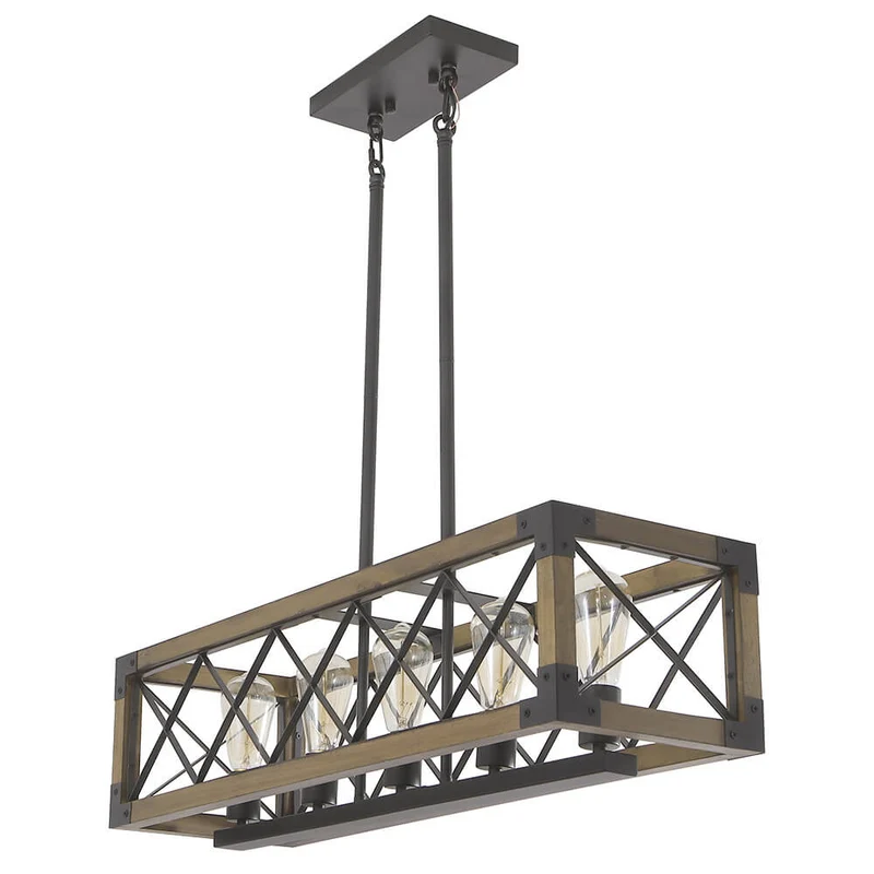 Hanglamp Rechthoek Hout Zwart 80cm 5 Lichts Eetkamer Keukeneiland Industrieel Farmhouse Chandelier Verstelbaar Pendellamp Woonkamer | Sansoti