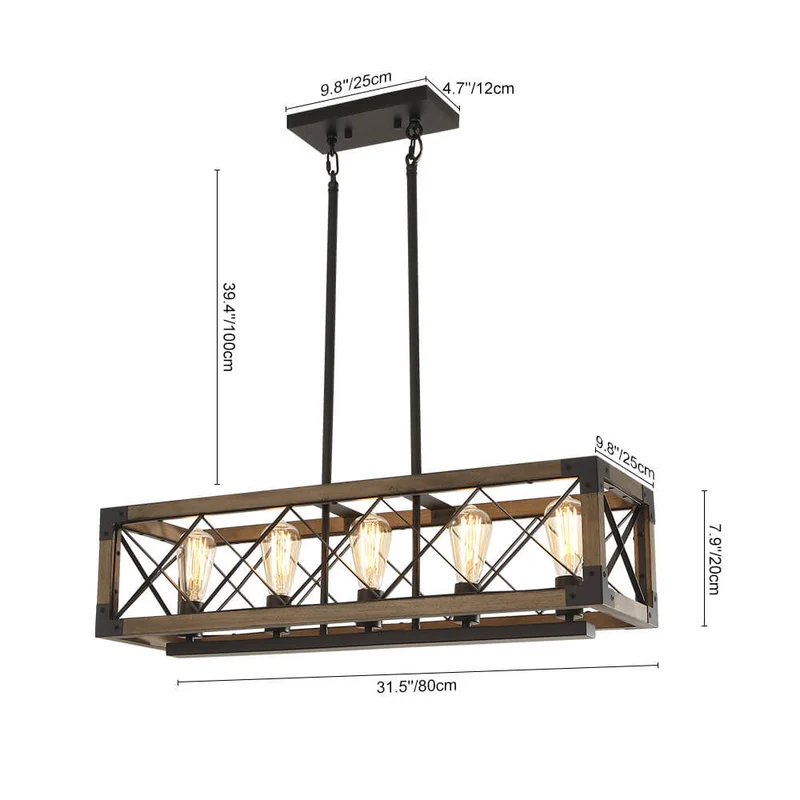 Hanglamp Rechthoek Hout Zwart 80cm 5 Lichts Eetkamer Keukeneiland Industrieel Farmhouse Chandelier Verstelbaar Pendellamp Woonkamer | Sansoti