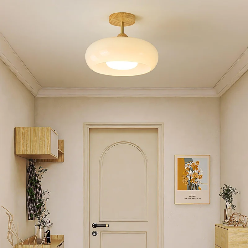 Plafondlamp Glas Hout Wit Oranje Ø28cm Slaapkamer Eetkamer Bauhaus Vintage Plafonnière Mid-Century Retro Sfeerverlichting | Sansoti