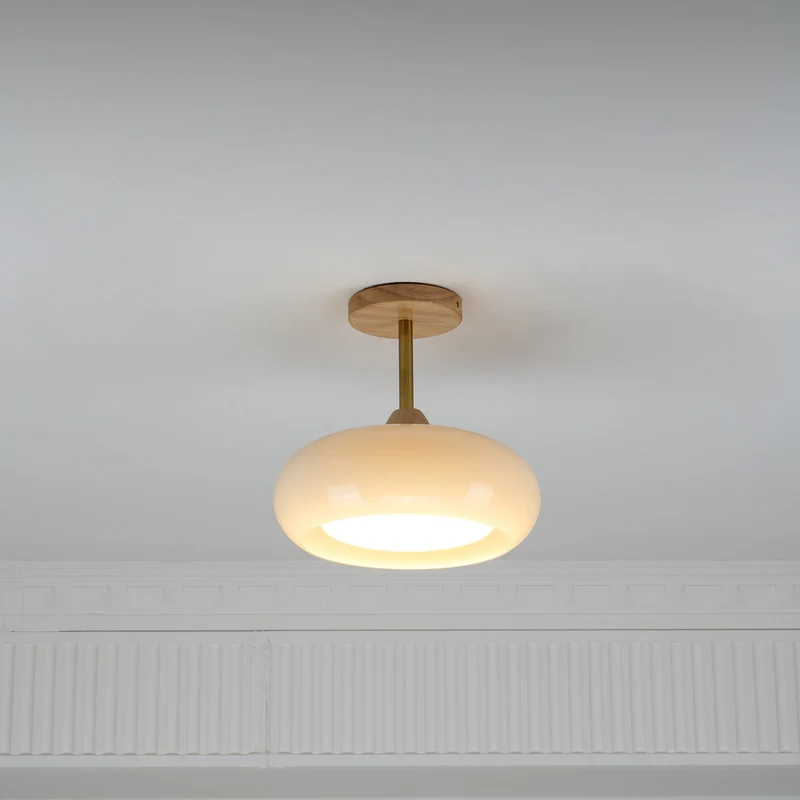 Plafondlamp Glas Hout Wit Oranje Ø28cm Slaapkamer Eetkamer Bauhaus Vintage Plafonnière Mid-Century Retro Sfeerverlichting | Sansoti