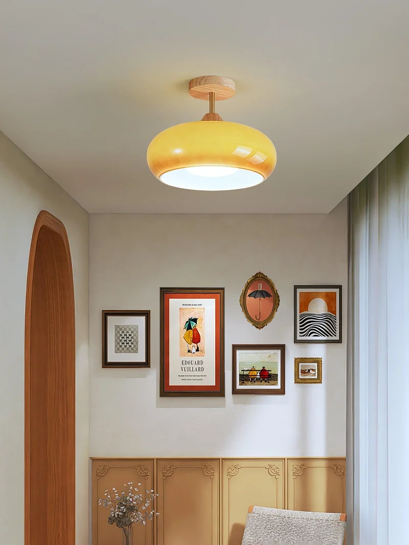 Plafondlamp Glas Hout Wit Oranje Ø28cm Slaapkamer Eetkamer Bauhaus Vintage Plafonnière Mid-Century Retro Sfeerverlichting | Sansoti